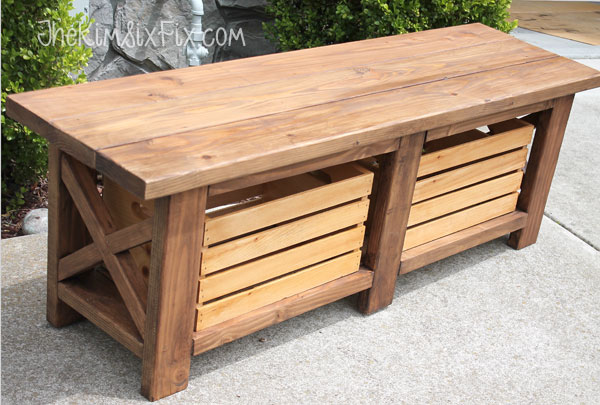 Rustic X-Leg Wooden Bench with Built-In Crate Storage made from simple 