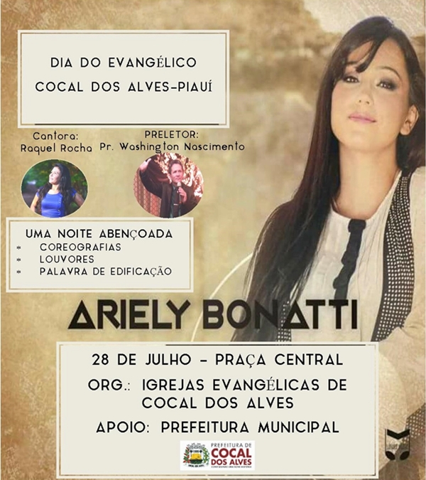 Cantora Ariely Bonatty é atração confirmada no Dia do Evangélico em Cocal dos Alves