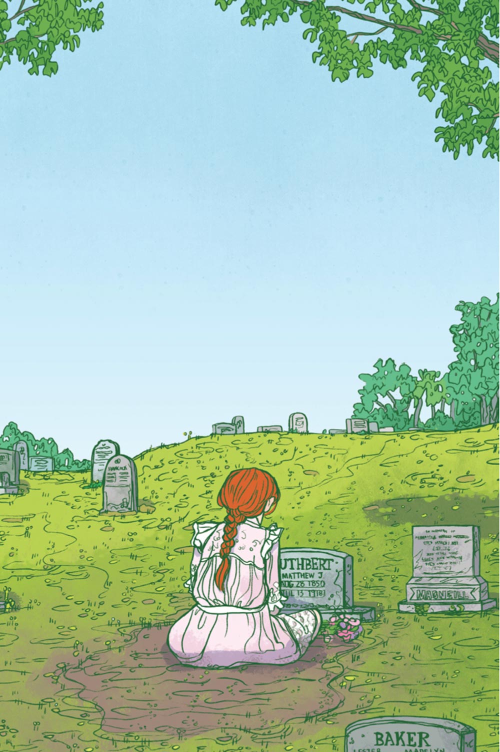 Illustration of Anne Shirley at Matthew Cuthbert's grave from Anne of Green Gables: A Graphic Novel adapted by Mariah Marsden, illustrated by Brenna Thummler