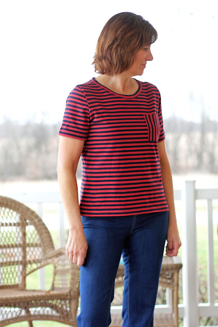 McCall's 6964 in Mood Fabrics' stripe knit, cut shorter and added a pocket.