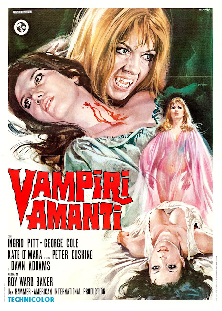 VAMPIRI AMANTI. Italia. Cartel: 100 x 140 cms. Artista: Renato Casaro. Imprenta: Rotolitografica, Roma. LAS AMANTES DEL VAMPIRO / LAS AMANTES VAMPIRO. The Vampire Lovers. 1970. Reino Unido, Estados Unidos. Dirección: Roy Ward Baker. Reparto: Ingrid Pitt, George Cole, Kate O'Mara, Peter Cushing, Madeline Smith, Jon Finch, Douglas Wilmer, Ferdy Mayne, Pippa Steel, Dawn Addams, Janet Key,