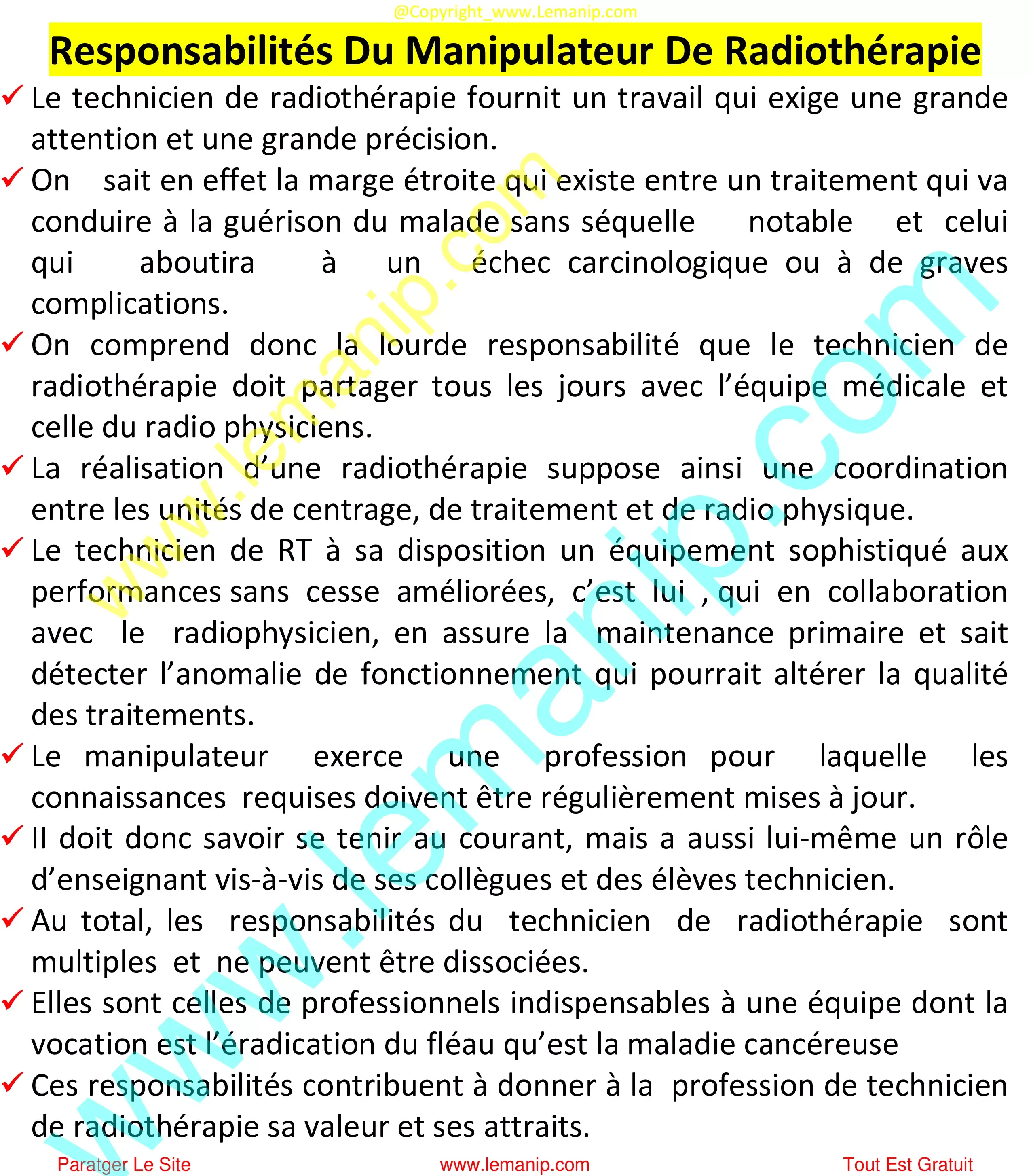 Responsabilités Du Manipulateur De Radiothérapie