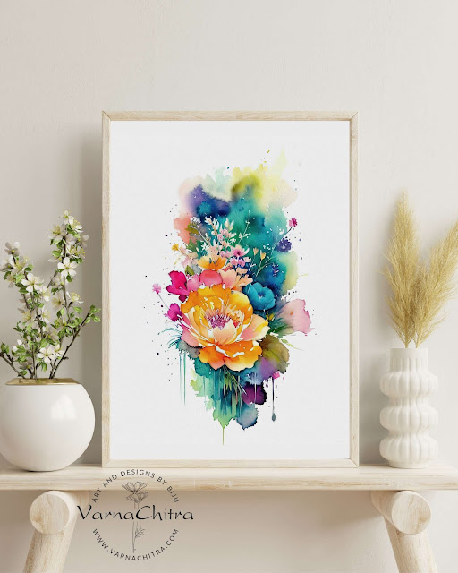 Painterly watercolor painting of wild flowers in expressive watercolor, high quality large size instant download printable for any interors by Biju P Mathew, varnachitra