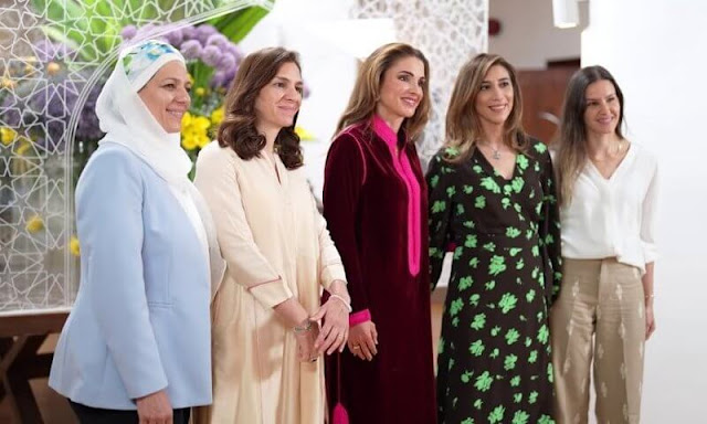 Queen Rania wore a waven trim burgundy velvet tunic dress by Muzungu Sister, Tatiana Santo Domingo Casiraghi brand