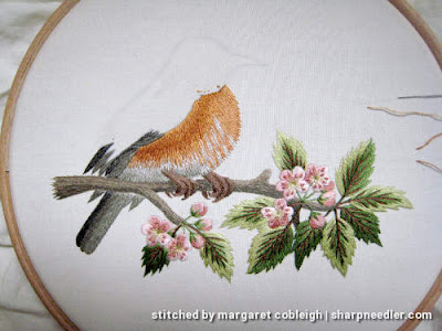 Robin on Blossom Branch (by Tanja Berlin): Bottom of thread painted robin