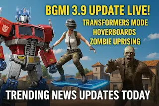 High-CTR featured image showing BGMI 3.9 update with Transformers, hoverboards, zombies, and cyberpunk battleground visuals for gaming news blog.
