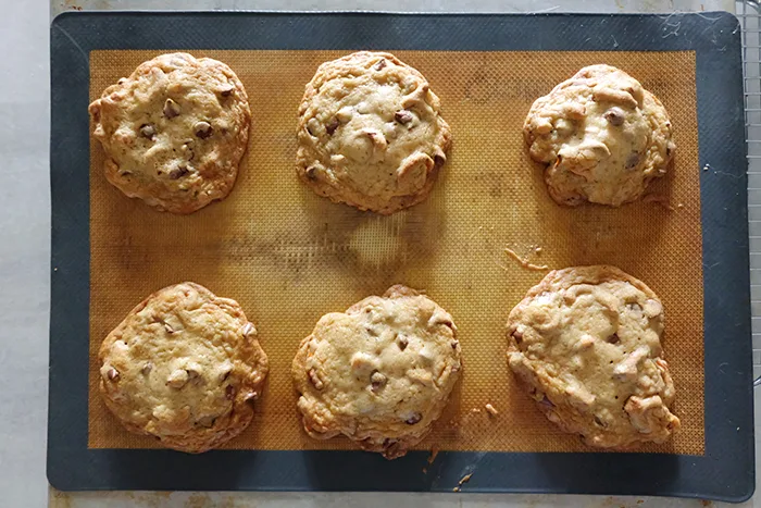 baked pretzel chocolate chip cookies on baking sheet