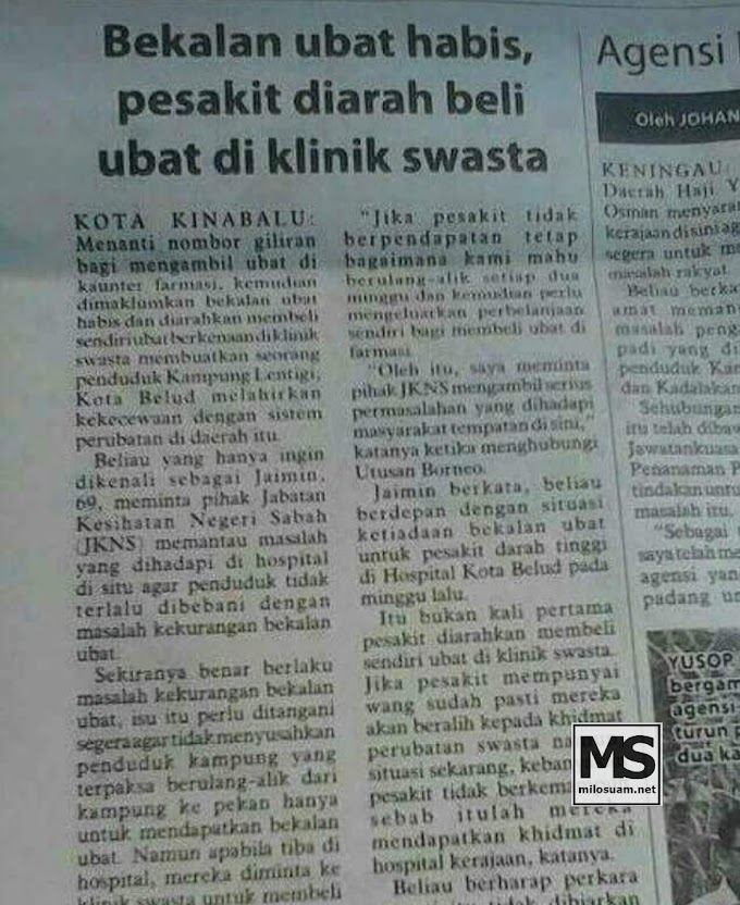 Bekalan ubat habis, pesakit miskin diarah beli ubat di 