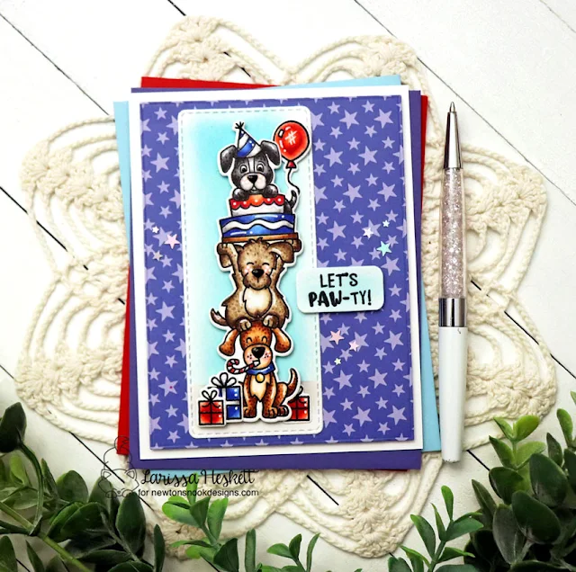 Let's Paw-ty Card created by Larissa Heskett for Newton's Nook Designs using Birthday Barks, Newton's Birthday Delights, Birthday Woofs Paper Pad, Bookmark Die Set and Speech Bubbles Die Set