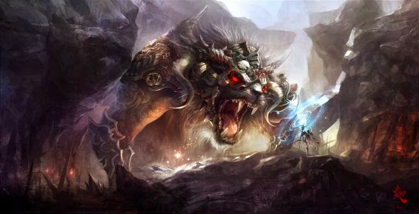 guicaimumu chinese artist illustrations fantasy card games Giant beast fight