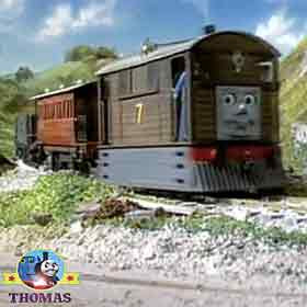 Passenger railroad transport coach Henrietta Toby the tank engine rang his shiny brass cowbell chime