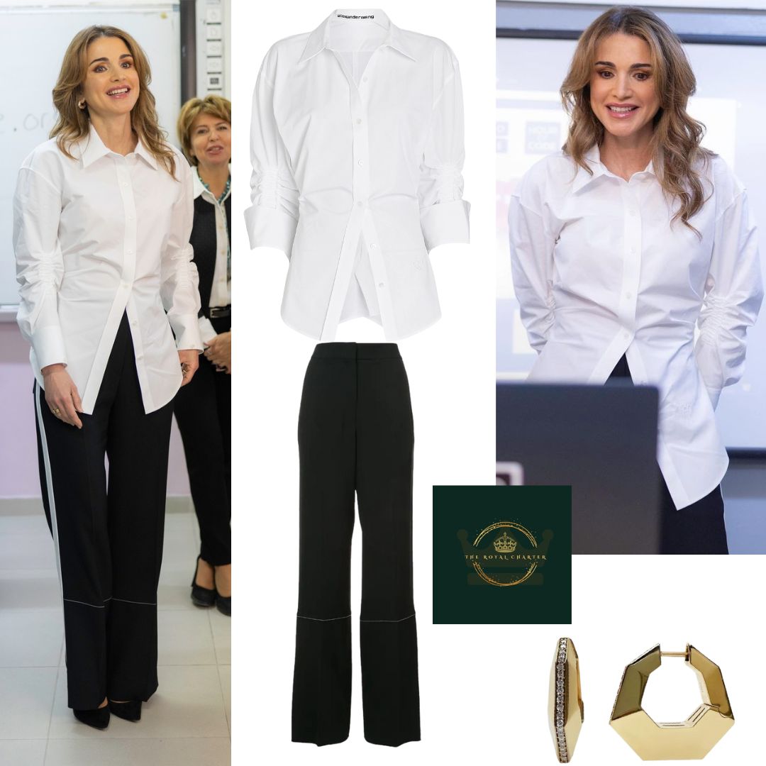 Rania was wearing a white Alexander Wang Cinched Poplin Button-Down Shirt paired with her Proenza Schouler Wide-leg trousers, a pair of black pumps and her Stone Fine Swing Geometric Hoops.