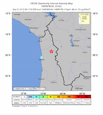 Epicentro sismo 5,4 grados, norte de Chile, 21 de Septiembre 2012