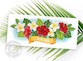 Sunny Studio Blog: Aloha Tropical Flower Slimline Card (using Radiant Plumeria, Banner Basics & Hawaiian Hibiscus Stamps)