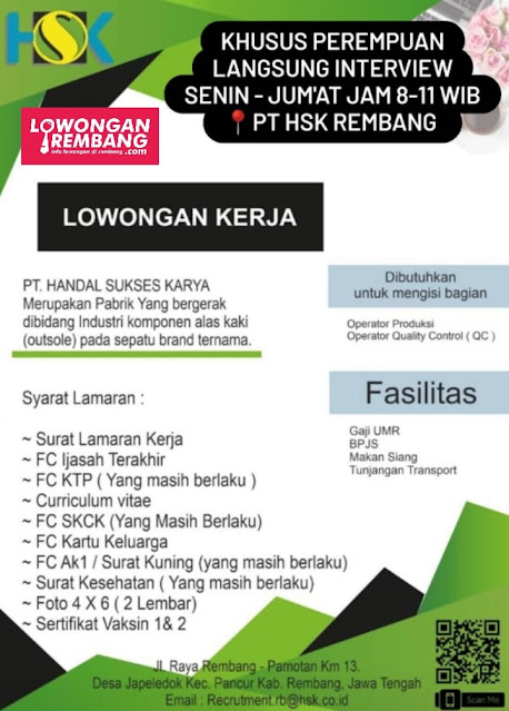 2 Lowongan Kerja Pegawai Operator Produksi dan Quality Control PT Handal Sukses Karya Pabrik Sol Sepatu Rembang