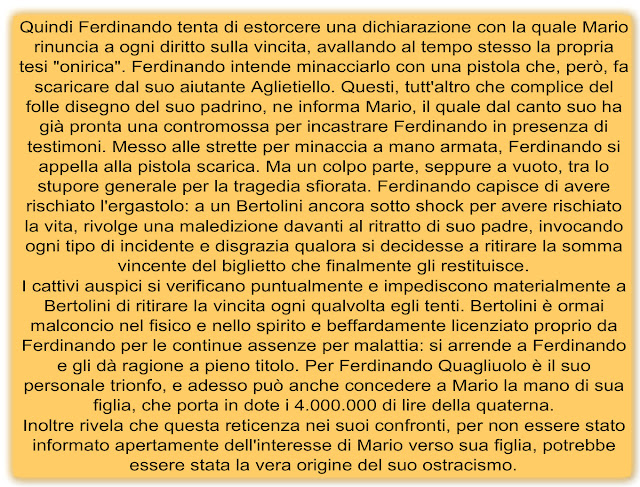 Quindi Ferdinando tenta di estorcere una dichiarazione con la quale Mario rinuncia a ogni diritto sulla vincita, avallando al tempo stesso la propria tesi "onirica". Ferdinando intende minacciarlo con una pistola che, però, fa scaricare dal suo aiutante Aglietiello. Questi, tutt'altro che complice del folle disegno del suo padrino, ne informa Mario, il quale dal canto suo ha già pronta una contromossa per incastrare Ferdinando in presenza di testimoni. Messo alle strette per minaccia a mano armata, Ferdinando si appella alla pistola scarica. Ma un colpo parte, seppure a vuoto, tra lo stupore generale per la tragedia sfiorata. Ferdinando capisce di avere rischiato l'ergastolo: a un Bertolini ancora sotto shock per avere rischiato la vita, rivolge una maledizione davanti al ritratto di suo padre, invocando ogni tipo di incidente e disgrazia qualora si decidesse a ritirare la somma vincente del biglietto che finalmente gli restituisce. I cattivi auspici si verificano puntualmente e impediscono materialmente a Bertolini di ritirare la vincita ogni qualvolta egli tenti. Bertolini è ormai malconcio nel fisico e nello spirito e beffardamente licenziato proprio da Ferdinando per le continue assenze per malattia: si arrende a Ferdinando e gli dà ragione a pieno titolo. Per Ferdinando Quagliuolo è il suo personale trionfo, e adesso può anche concedere a Mario la mano di sua figlia, che porta in dote i 4.000.000 di lire della quaterna. Inoltre rivela che questa reticenza nei suoi confronti, per non essere stato informato apertamente dell'interesse di Mario verso sua figlia, potrebbe essere stata la vera origine del suo ostracismo.