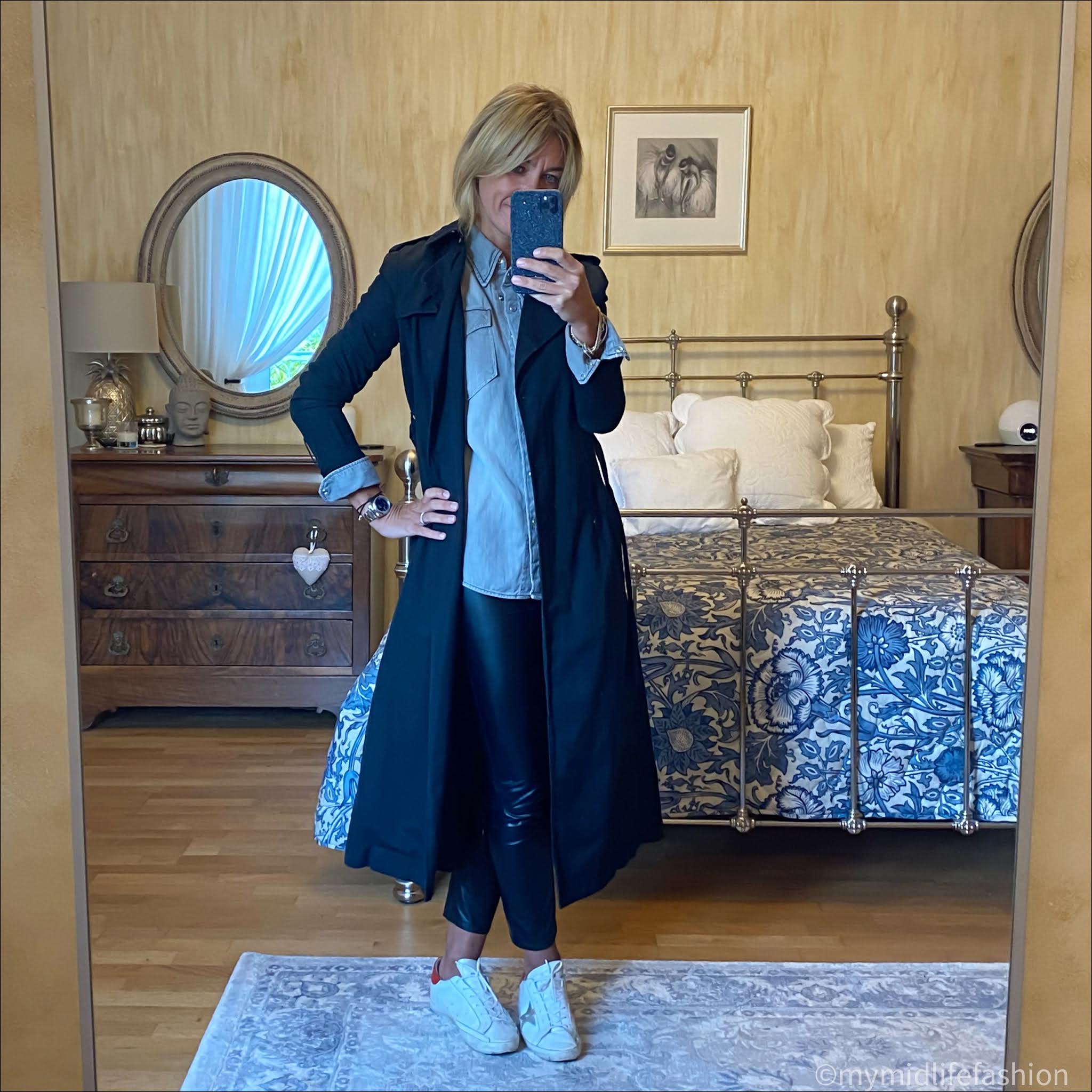 my midlife fashion, Isabel Marant Etoile trench coat, Isabel Marant Etoile denim shirt, Isabel Marant Etoile faux leather trousers, golden goose superstar low top leather trainers
