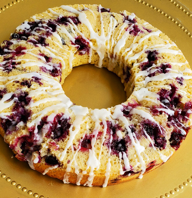 a ring cake made from scratch called blueberry pound cake