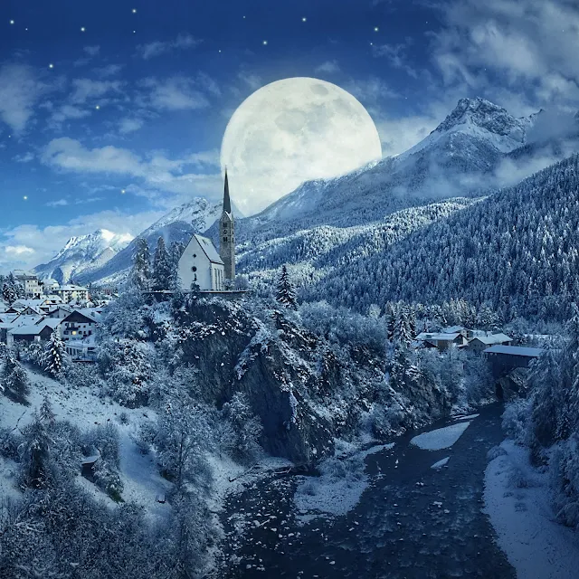 Winter Moon Village Church Wallpaper