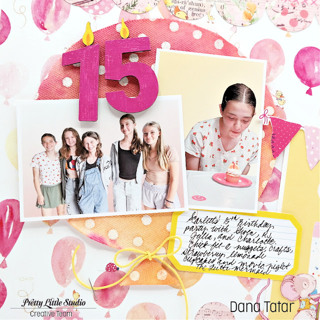 Celebration Scrapbook Layout with the Pretty Little Studio Birthday Bash patterned paper and a DIY misted resist canvas balloon photo and journaling spot.