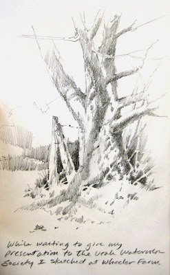 Pencil sketch book drawing by Roland Lee done at Wheeler Farm in Utah