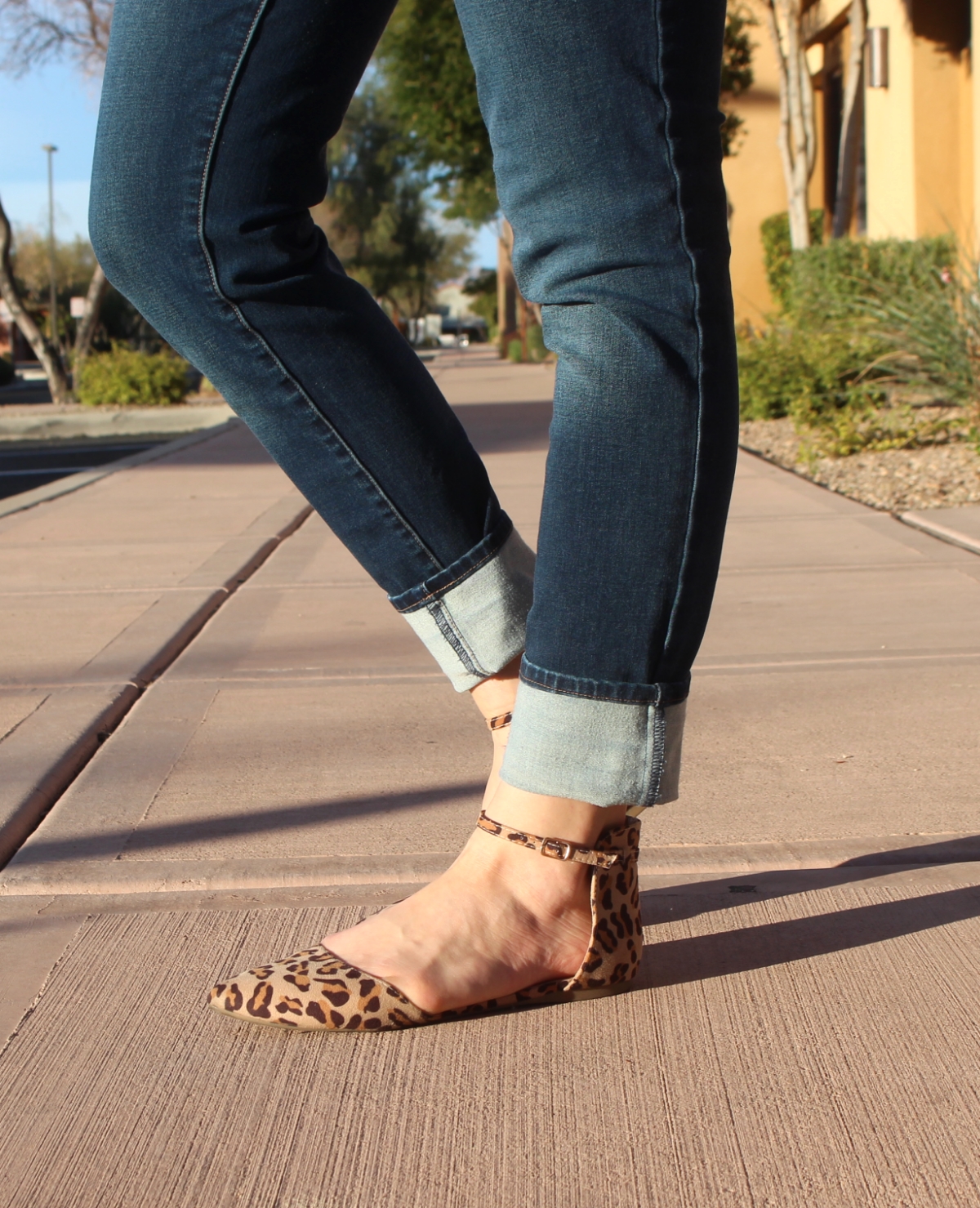 This is a close up of my lace up leopard flats during the golden hour.