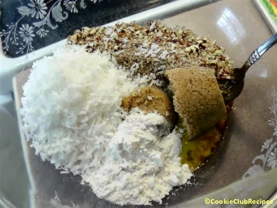 eggs, coconut, and dry ingredients in bowl