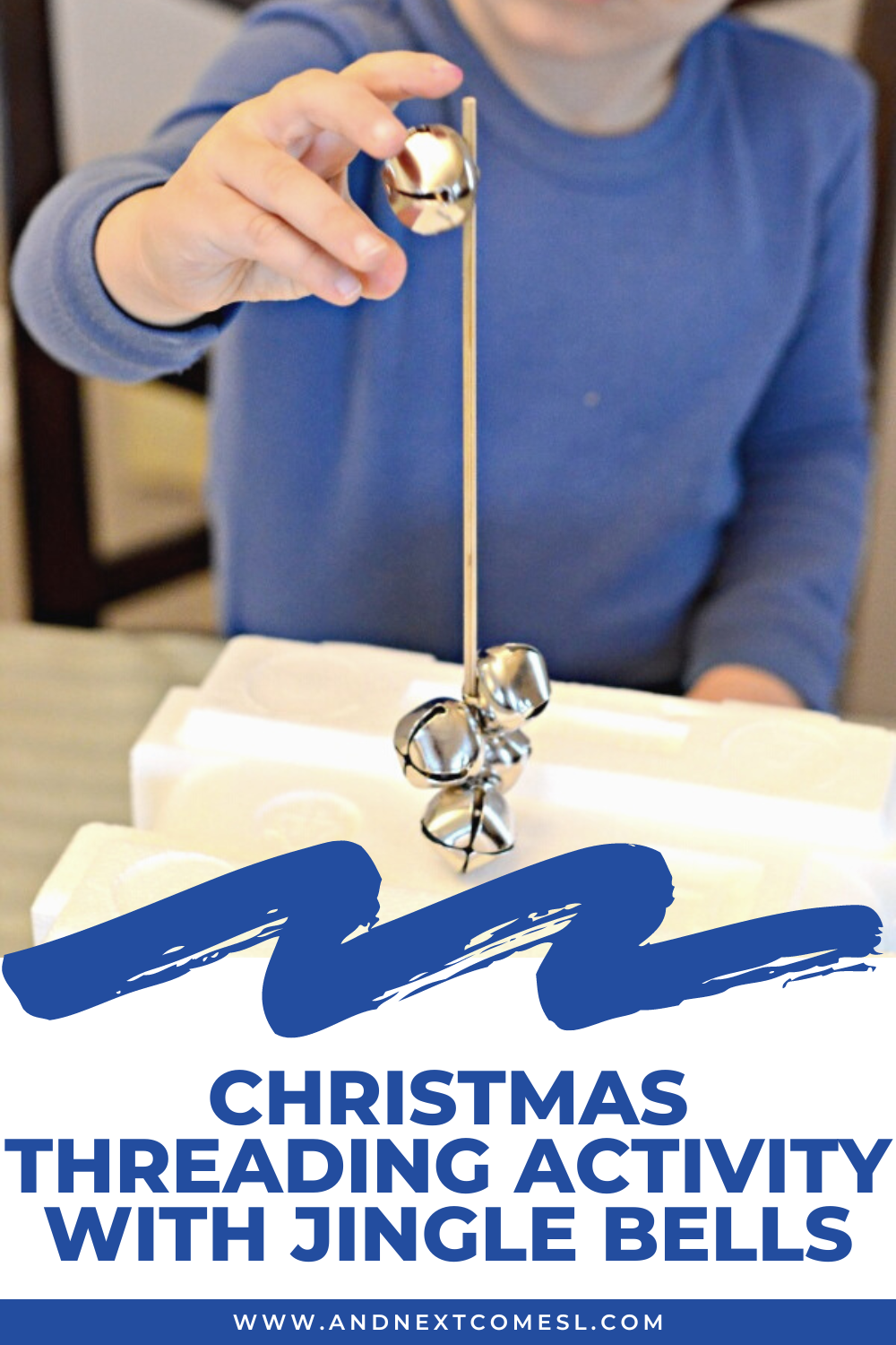 Fine motor Christmas threading activity with jingle bells for toddlers and preschoolers