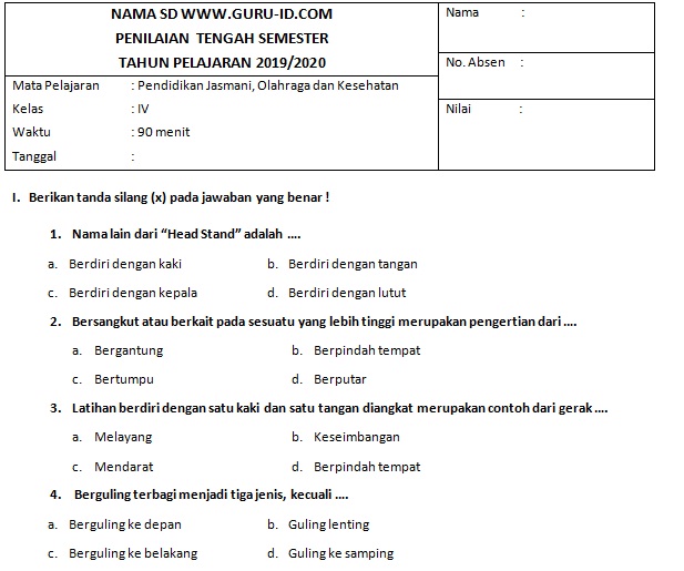 Soal Pts Pjok Kelas 4 Semester 1 2 K13 Dan Kunci Jawaban Revisi