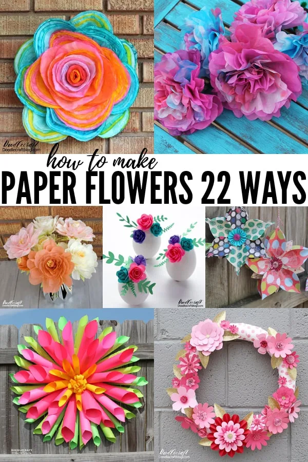 How to Make Paper Flowers 22 Ways!   Paper flowers are one of my most favorite crafts to make. I love them because they are so budget friendly...it's just paper! Plus, I am super allergic to flowers...I get body aches and headaches just from having them around me. Paper flowers to the rescue!   Especially this time of year, at least in Utah, there aren't a lot of bright colors around. The sky is mostly gray and the snow is also piled up, dirty and gray. January just needs some brightly colored flowers to freshen it up!   Here's 22 different ways to make paper flowers. Which one is your favorite?