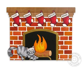 Sunny Studio Stamps: Shaped Fireplace with Stretching Kitty Cat Card (using Christmas Icons & Furever Friends Stamps)