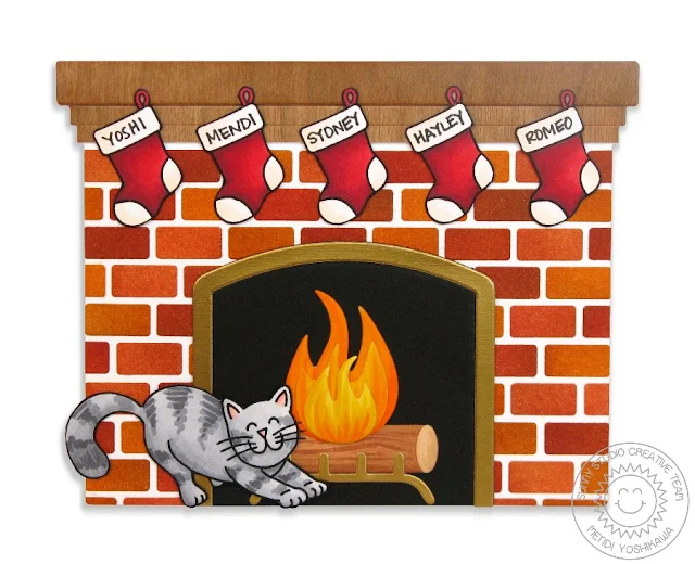 Sunny Studio Stamps: Shaped Fireplace with Stretching Kitty Cat Card (using Christmas Icons & Furever Friends Stamps)