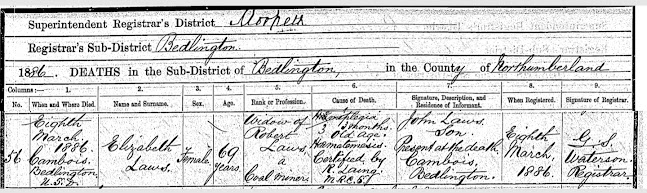 UK GRO death certificate of Elizabeth (Thompson) Laws