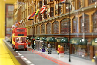 Lego Harrods model - view of red London Bus on street