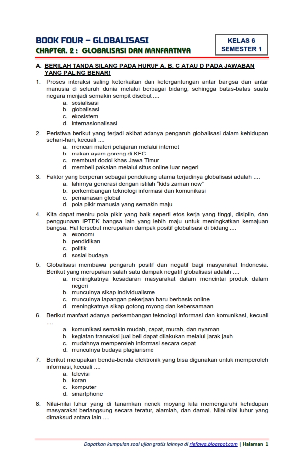 Download Soal Tematik Kelas 6 Semester 1 Tema 4 Subtema 2 - Globalisasi