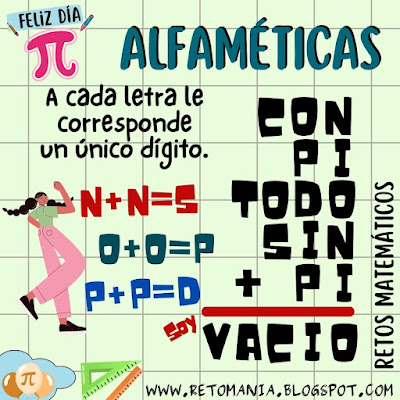 Desafíos matemáticos, Retos matemáticos, Problemas matemáticos, Problemas de lógica, Problemas de ingenio, Criptoaritmética, Criptograma, Criptosuma, Juego de letras, Suma de letras, Suma de palabras, Pi, Día pi, Día mundial de las matemáticas, Día Internacional de las matemáticas