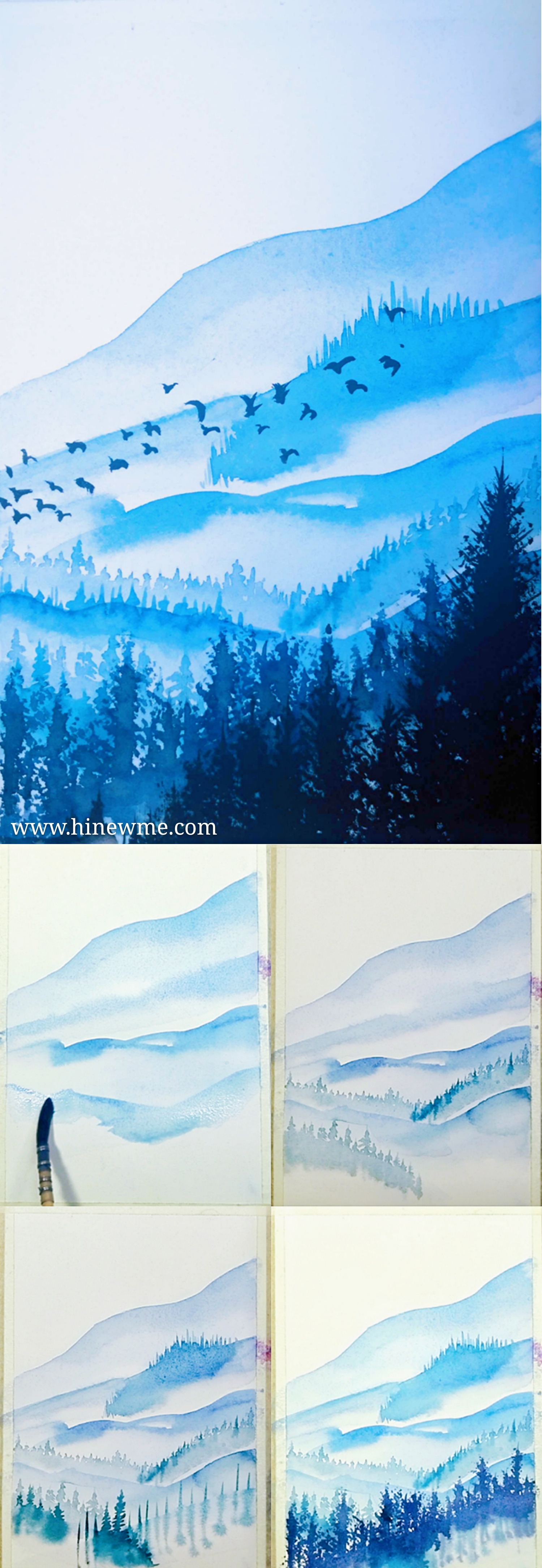 How to draw Watercolor mountain landscape step by step tutorial for beginner