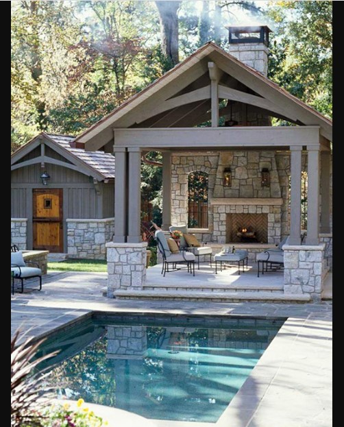 Pool and Pool House Designs with brick wall and fireplace