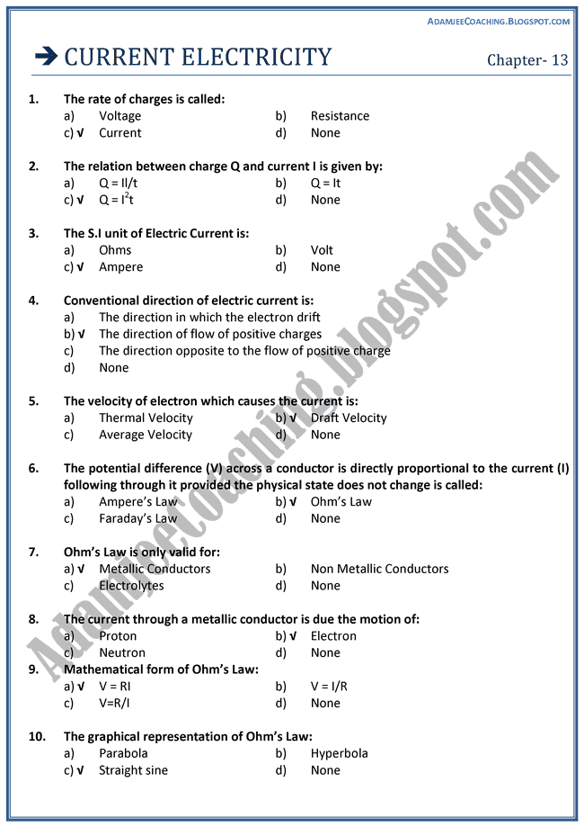 physics Current Electricity Mcqs