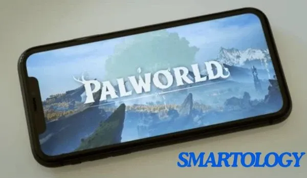 A smartphone displaying the palworld game logo.
