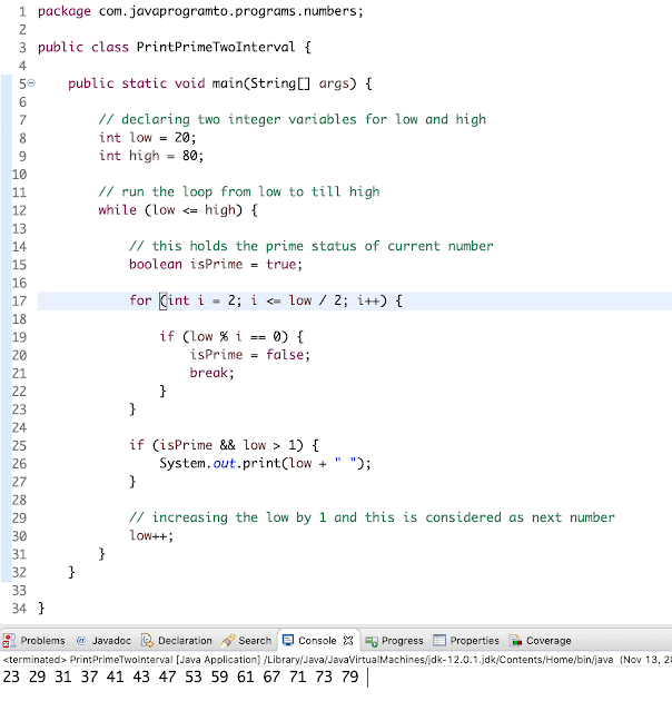 Java Program to Print Prime Numbers Between Two Intervals