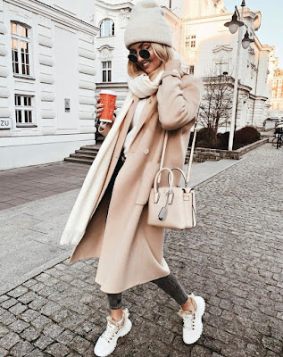 white sneakers with beige coat