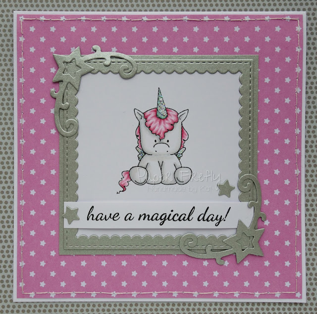 Cute pink CAS card with unicorn (image by Stamping Bella)