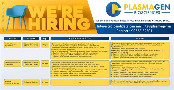 Job Availables,PlasmaGen BioSciences Pvt. Ltd  Job Vacancy For BSc/ MSc/ B.Pharm/ M.Pharm/ B.Tech/ M.Tech/ ITI/ Diploma