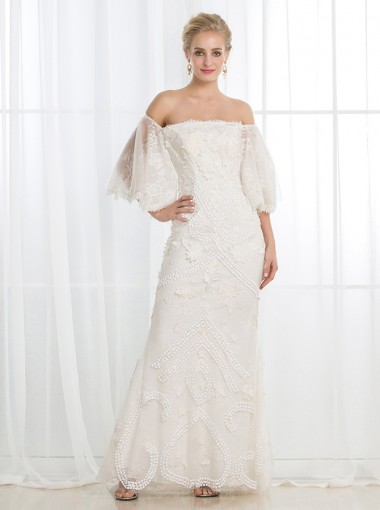  Sheath Strapless Floor-Length Lace Wedding Dress with Appliques