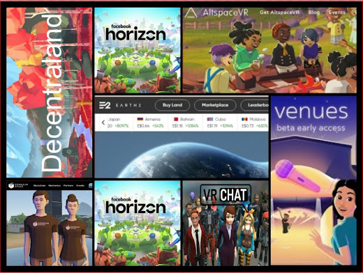 Collage metaversos Decentraland Earth2 Venues Facebook Horizon Roblox AltspaceVR VR CHAT Somnium Space Second Life Minecraft  Snow Cash Mundos Virtuales Omniverse TWINITY AVIMATION Entropia Universe IMVU Oculus Quest 2