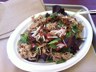 Pulled pork over purple and green lettuce on a paper plate. 