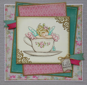 Clean layered card with fairy in teacup (image from Stamping Bella)