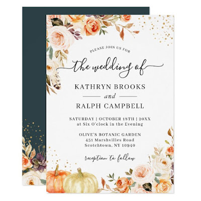  Autumn Bohemian Floral Gold Confetti Fall Wedding Invitation