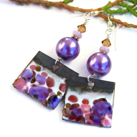 artisan enamel earrings in purple and pink